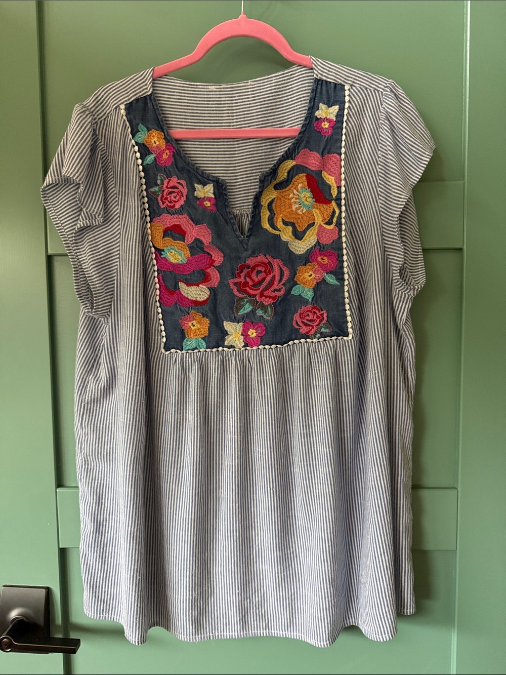 Savanna Jane Striped Embroidered Floral Tunic - Multicolor Yoke